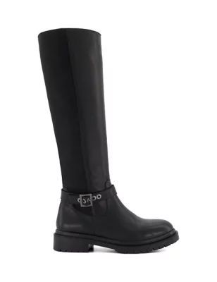Womens Leather Buckle Flat Knee High Boots