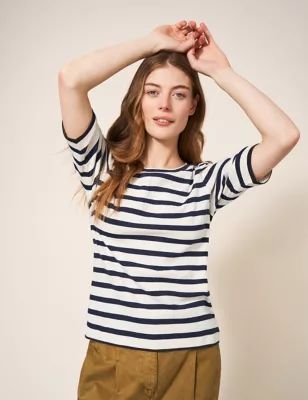 Womens Pure Cotton Striped Puff Sleeve T-Shirt