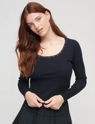 Womens Cotton Rich Ribbed Lace Trim Top