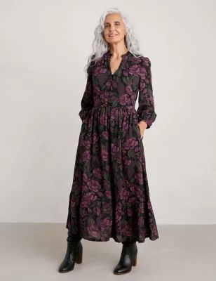 Womens Cotton Blend Floral V-Neck Midaxi Dress