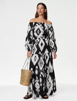 Womens Pure Cotton Printed Bardot Midaxi Beach Dress
