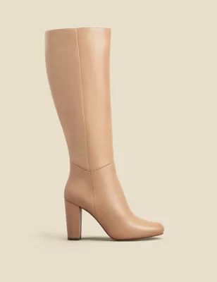 Womens Leather Block Heel Knee High Boots