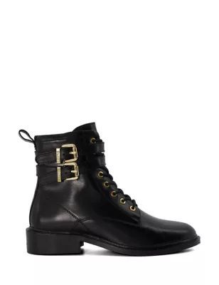 Womens Leather Lace Up Buckle Flat Ankle Boots
