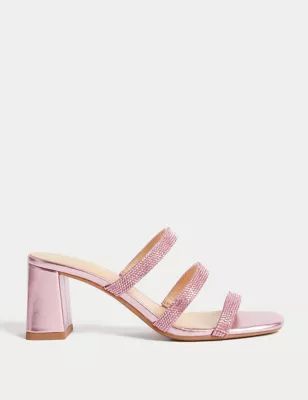 Womens Sparkle Strappy Block Heel Mules