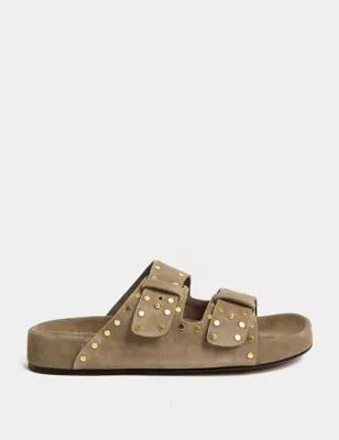 Womens Suede Studded Footbed Mules
