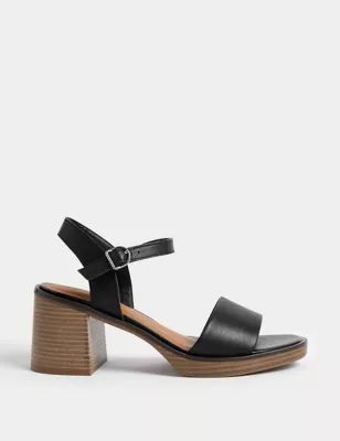 Womens Leather Ankle Strap Block Heel Sandals