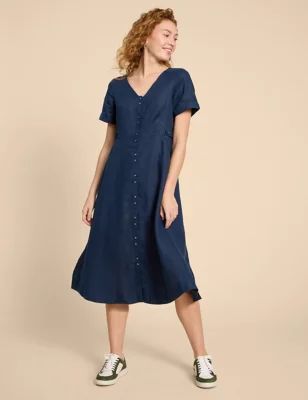 Womens Pure Linen V-Neck Midi Tea Dress