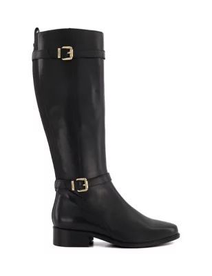 Womens Leather Buckle Block Heel Knee High Boots