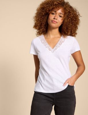 Womens Linen Rich Lace Insert T-Shirt