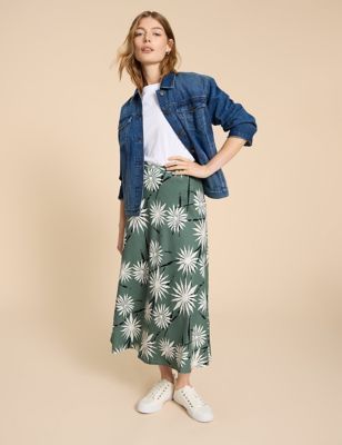 Womens Linen Rich Printed Midi A-Line Skirt
