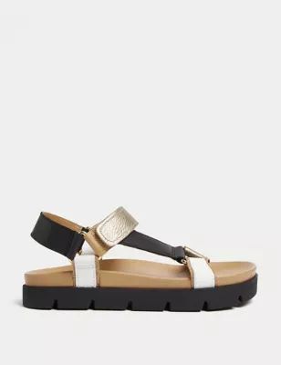 Womens Leather Sporty Ankle Strap Footbed Sandals