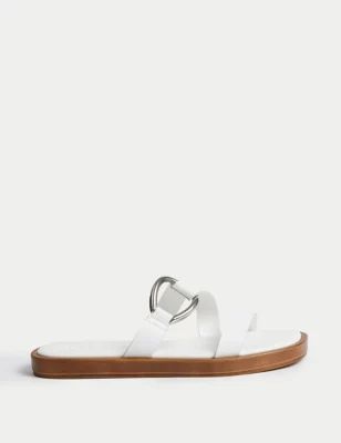 Womens Leather Ring Detail Slip On Flat Mules