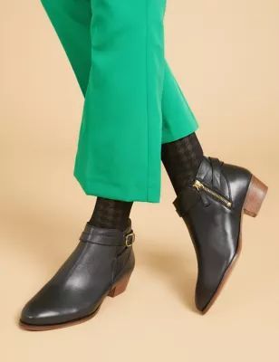 Womens Leather Block Heel Ankle Boots