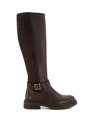 Womens Leather Buckle Flat Knee High Boots
