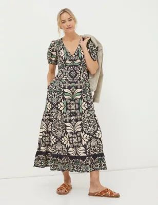 Womens Cotton Rich Floral V-Neck Midi Waisted Dress
