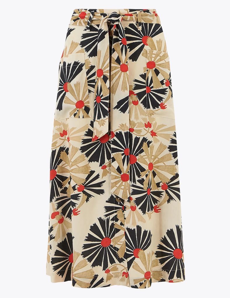 Printed Button Front Midi Fit & Flare Skirt