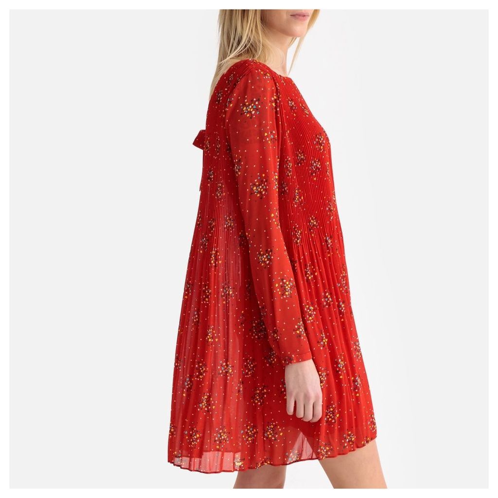 Printed Short Pleated Dress with Long Sleeves