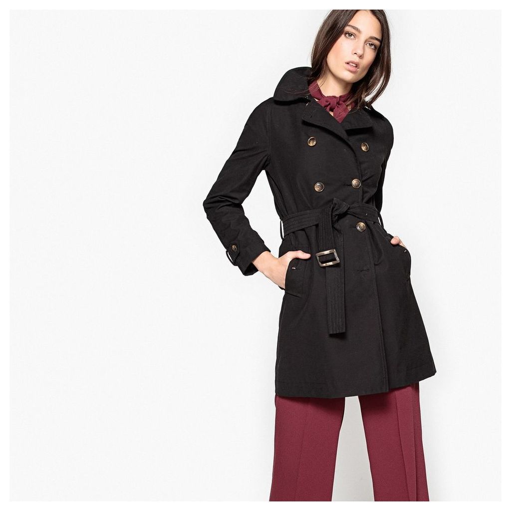 Cotton Mix Mid-Length Trench Coat with Double-Breasted Buttons and Pockets