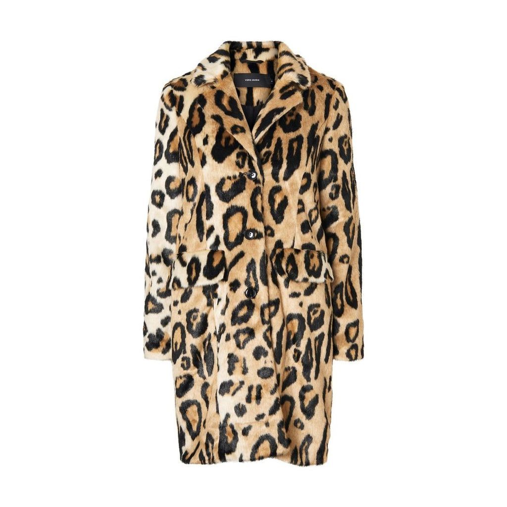 Straight Leopard Print Faux Fur Coat