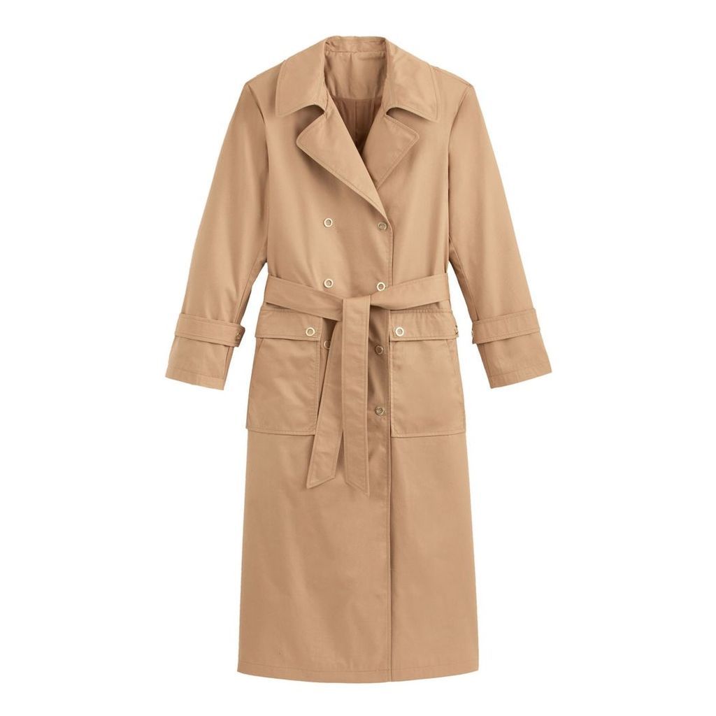 Cotton Long Duster Trench with Double-Breasted Press-Studs and Pockets