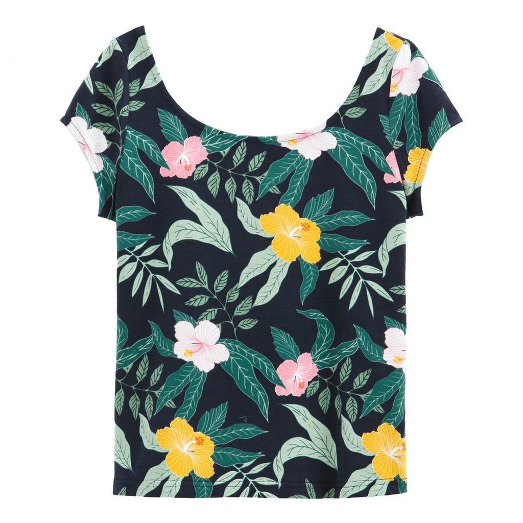 Tropical Floral Print Stretch Cotton T-Shirt