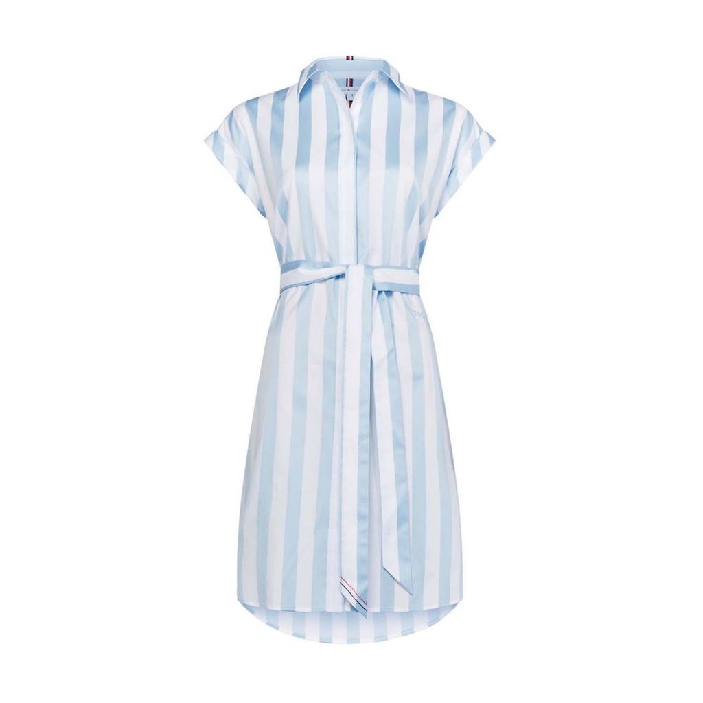 Striped Cotton Short-Sleeved Dress with Tie Belt