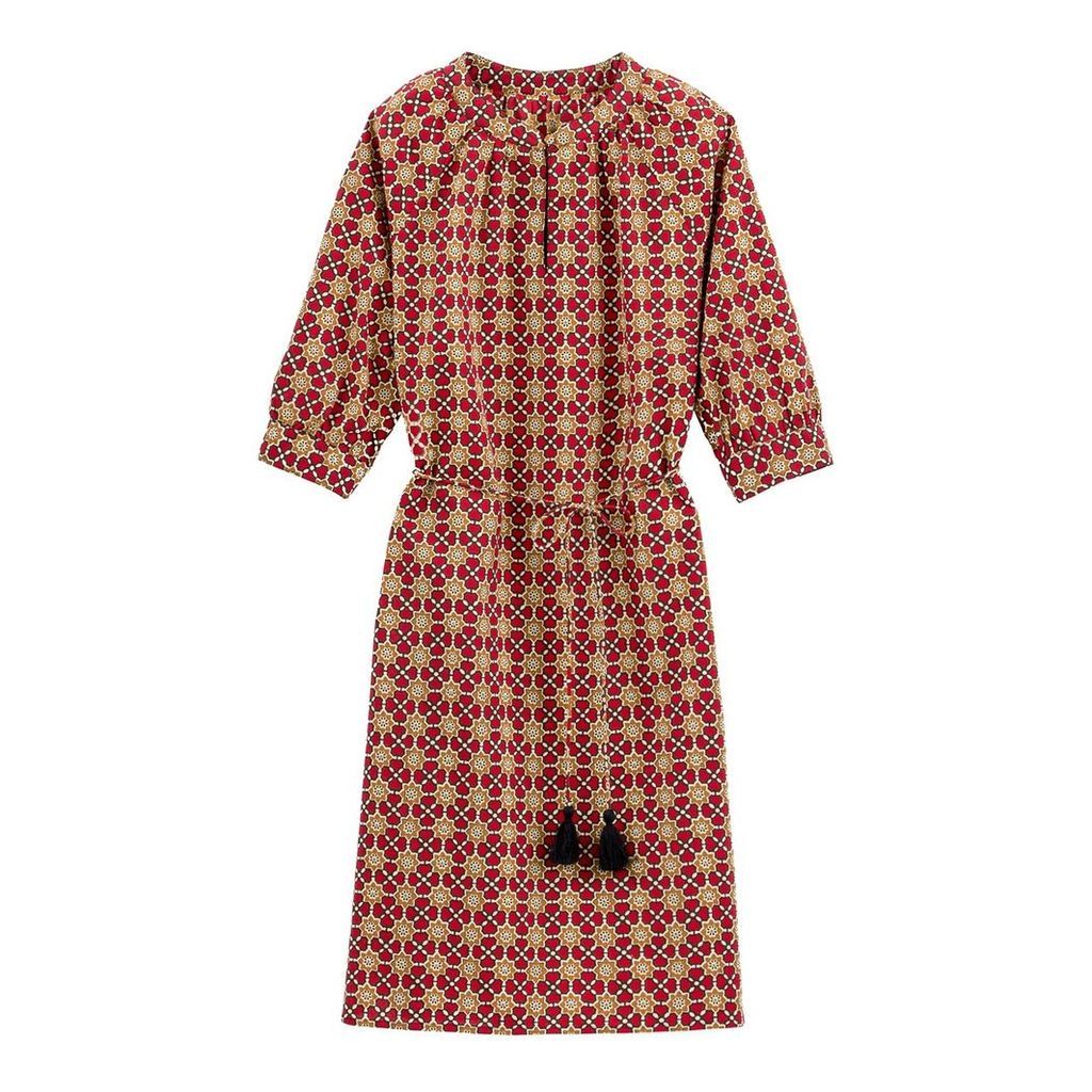 Cotton Tile Print Shift Dress with Tassels