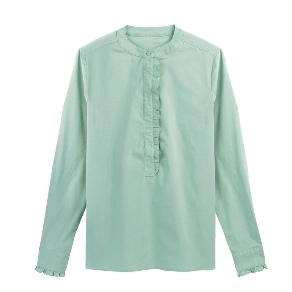Ruffled Mandarin Collar Shirt in Cotton Mix