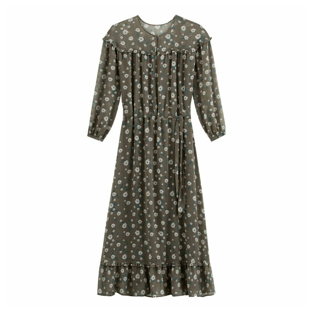 Printed Voile Midi Dress with Long Transparent Sleeves and Tie-Waist