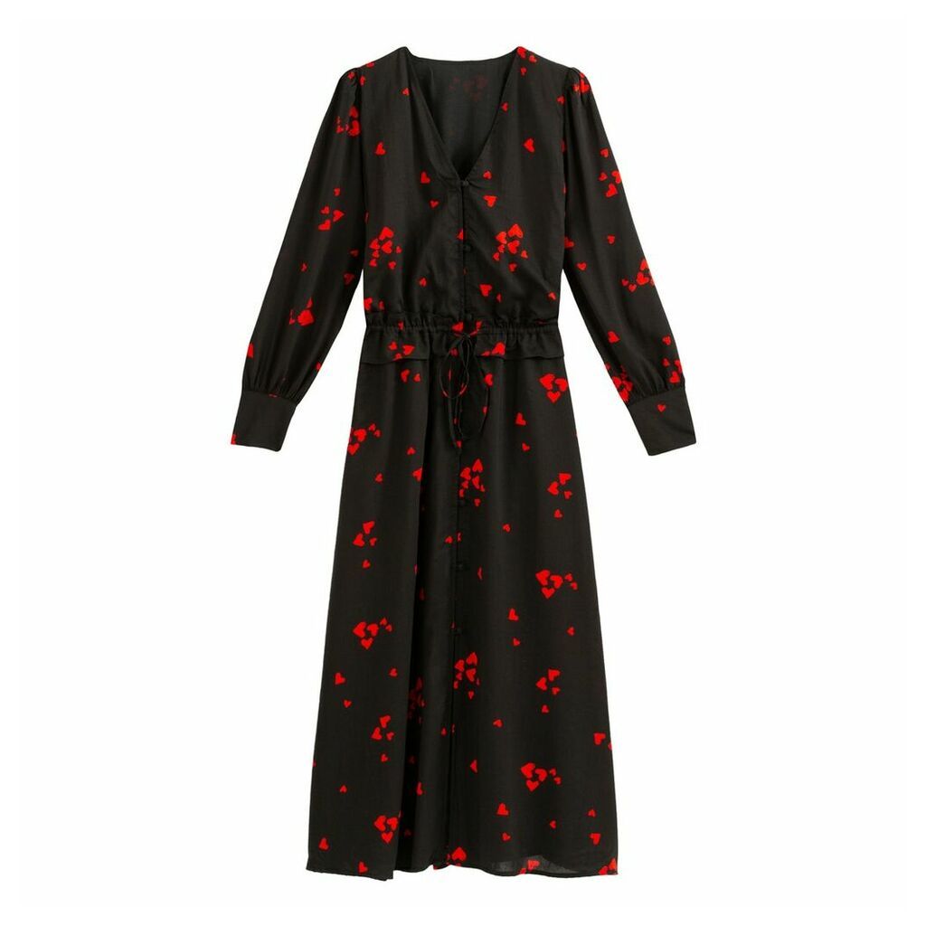 Heart Print Midi Dress with Long Puff Sleeves and Tie-Waist