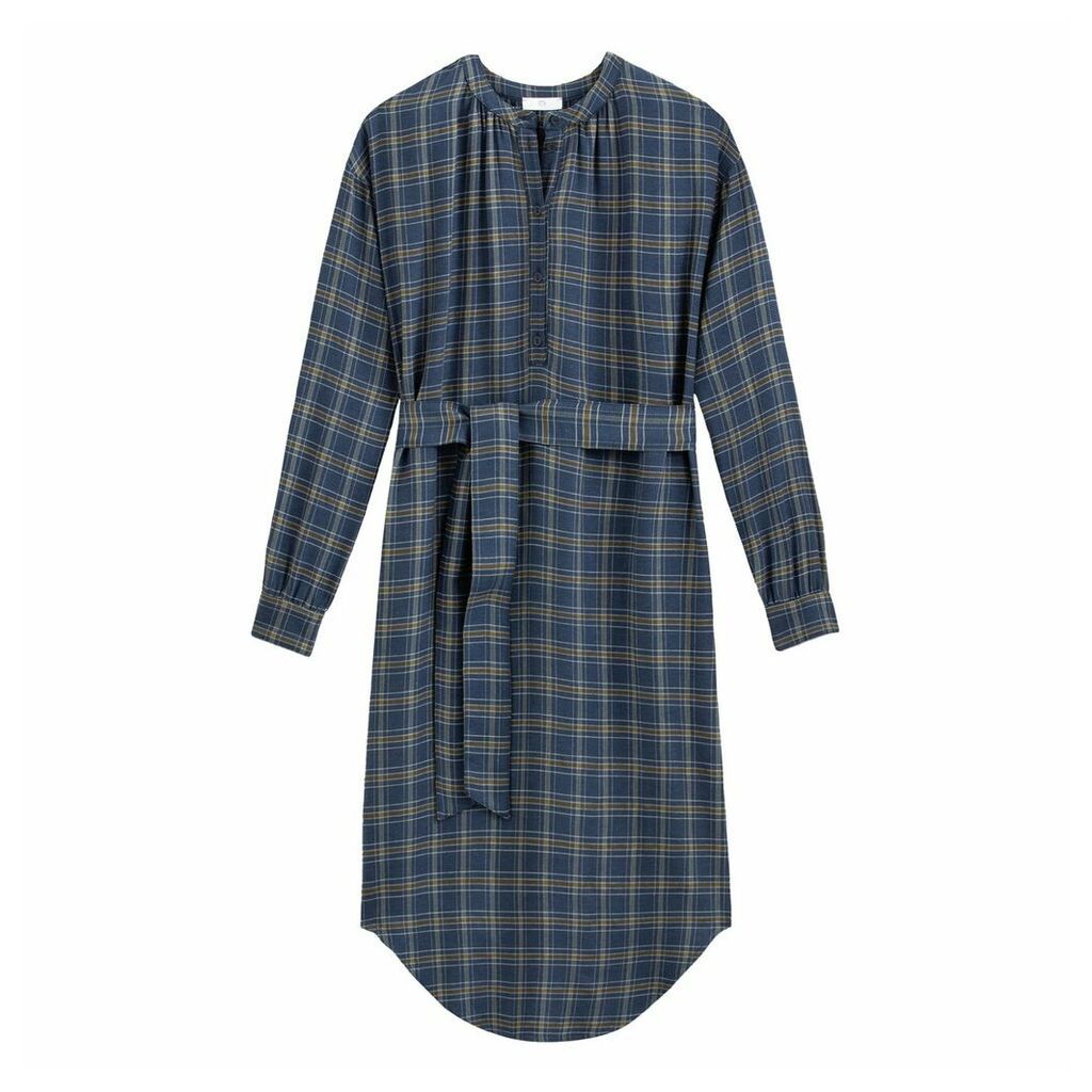Checked Midi Shift Dress with Long Sleeves and Tie-Waist