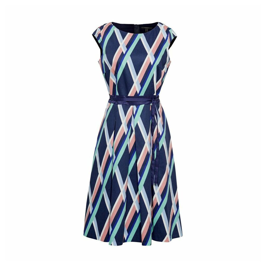 Graphic Print Stretch Cotton Pleated Dress with Belt