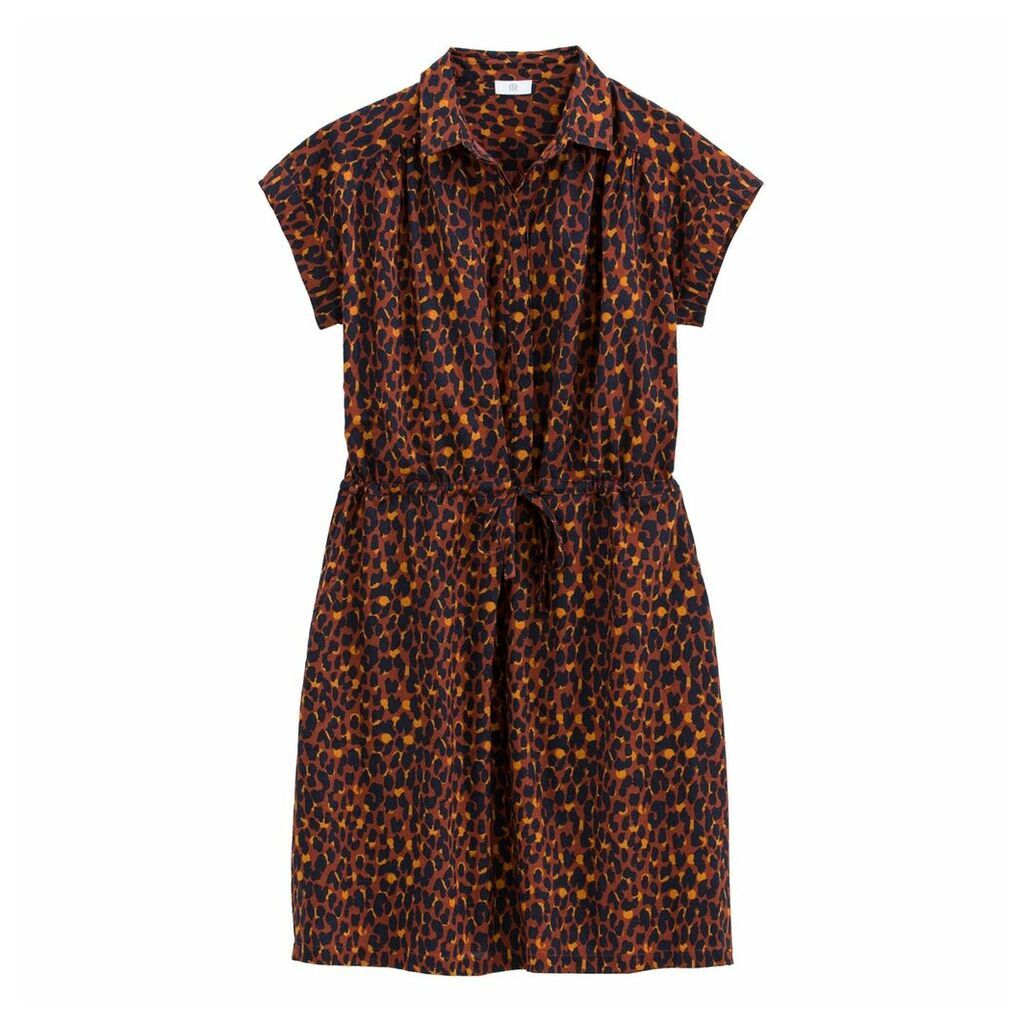 Cotton Leopard Print Tie-Waist Shirt Dress
