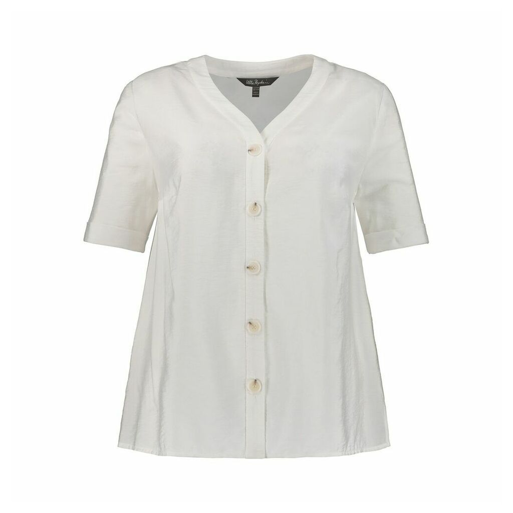 Draping V-Neck Blouse with Buttons and Short-Sleeves