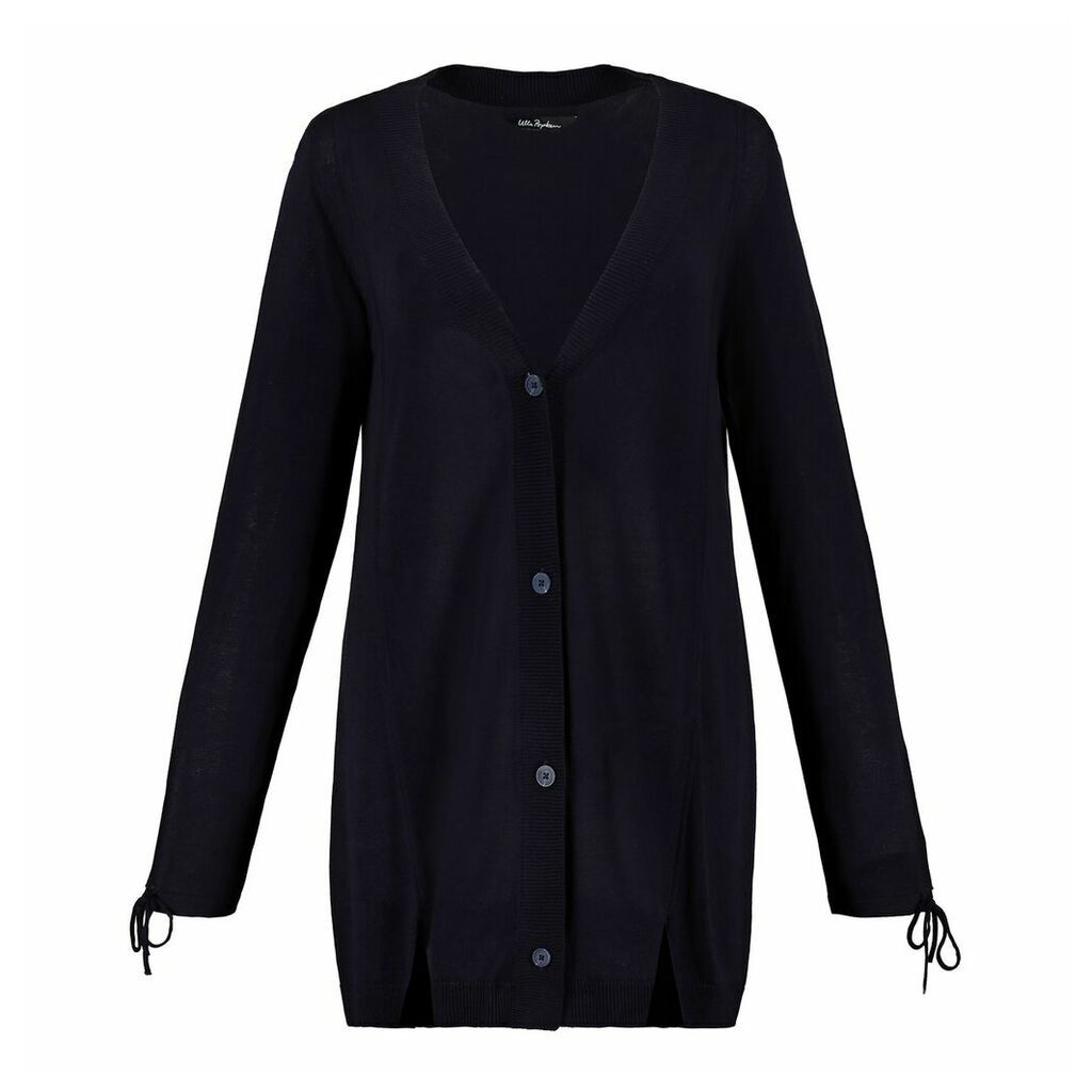 Longline Buttoned Fine Knit Cardigan with Tied Cuffs