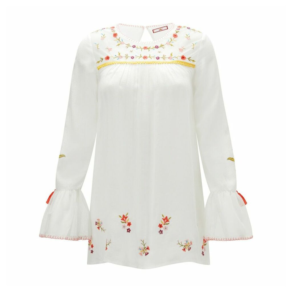 Embroidered Round Neck Blouse with Long Ruffled Sleeves