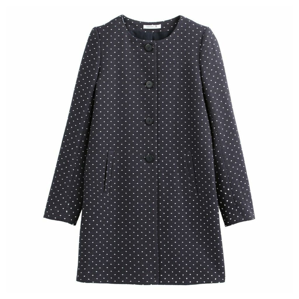 Lightweight Collarless Coat in Polka Dot Print with Pockets