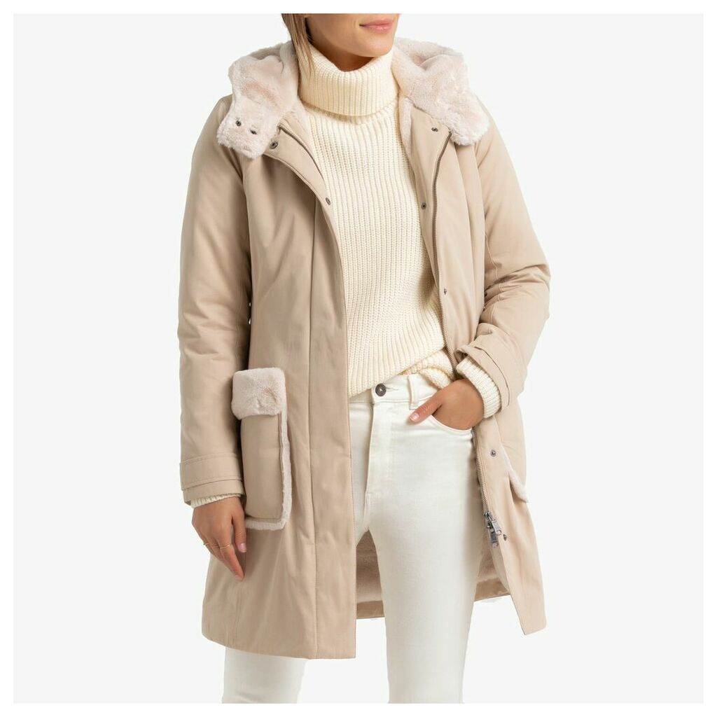 Mid-Length Hooded Coat with Faux Fur Trim