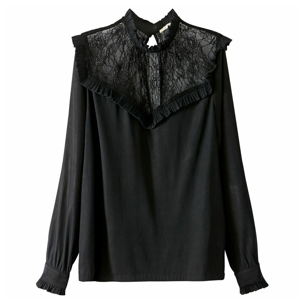 High Neck Lace Blouse with Ruffles