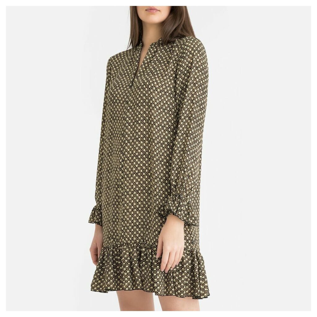 Printed Long-Sleeved Dress with Dainty Ruffle Trim