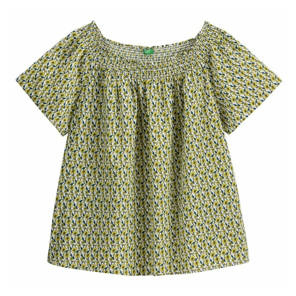 Printed Cotton Off-The-Shoulder Blouse with Smocked Detail