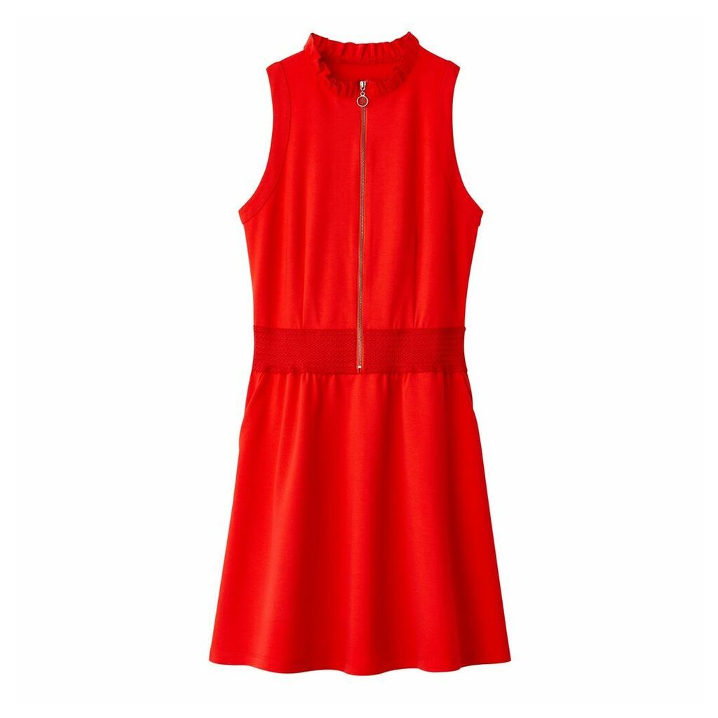 Zip-Up A-Line Dress with Ruffled Collar