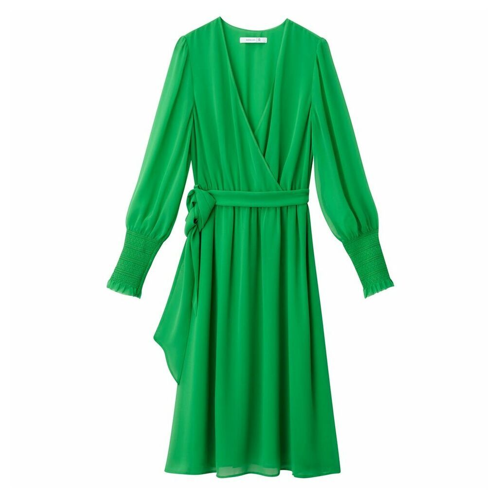 Wrapover Dress with Smocked Mesh Sleeves