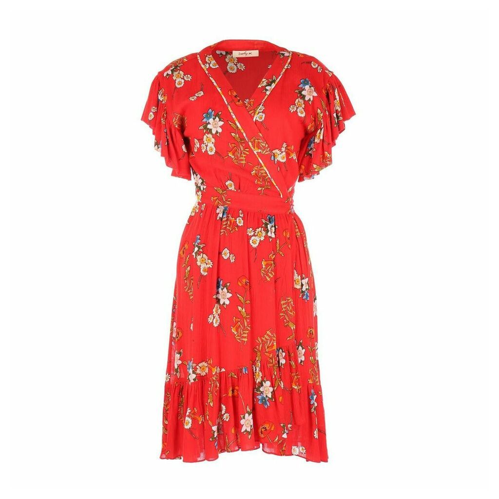 Floral Print Wrapover Dress with Ruffled Sleeves and Hem