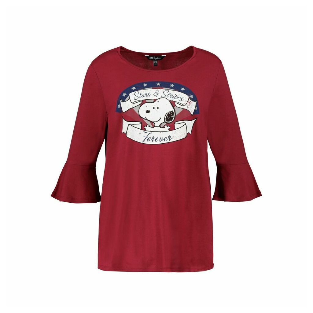 Snoopy Print Cotton-Mix T-Shirt with 3/4 Length Sleeves