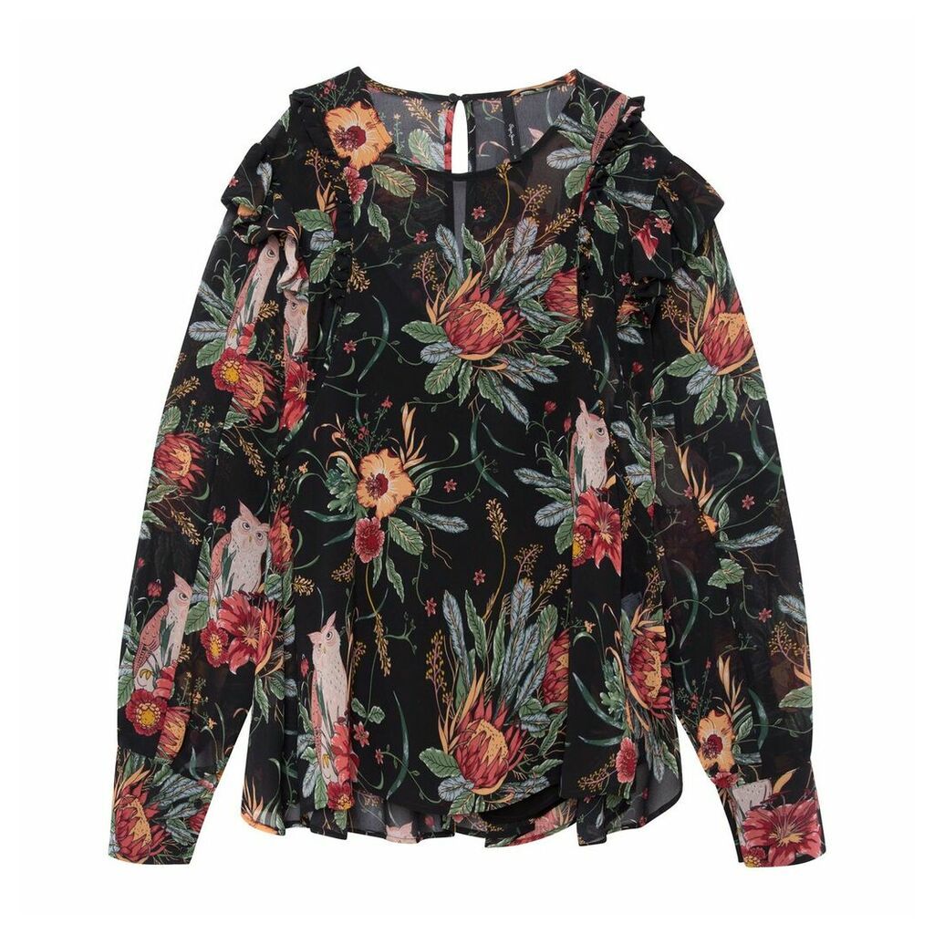 Floral Print Blouse with Shoulder Ruffles