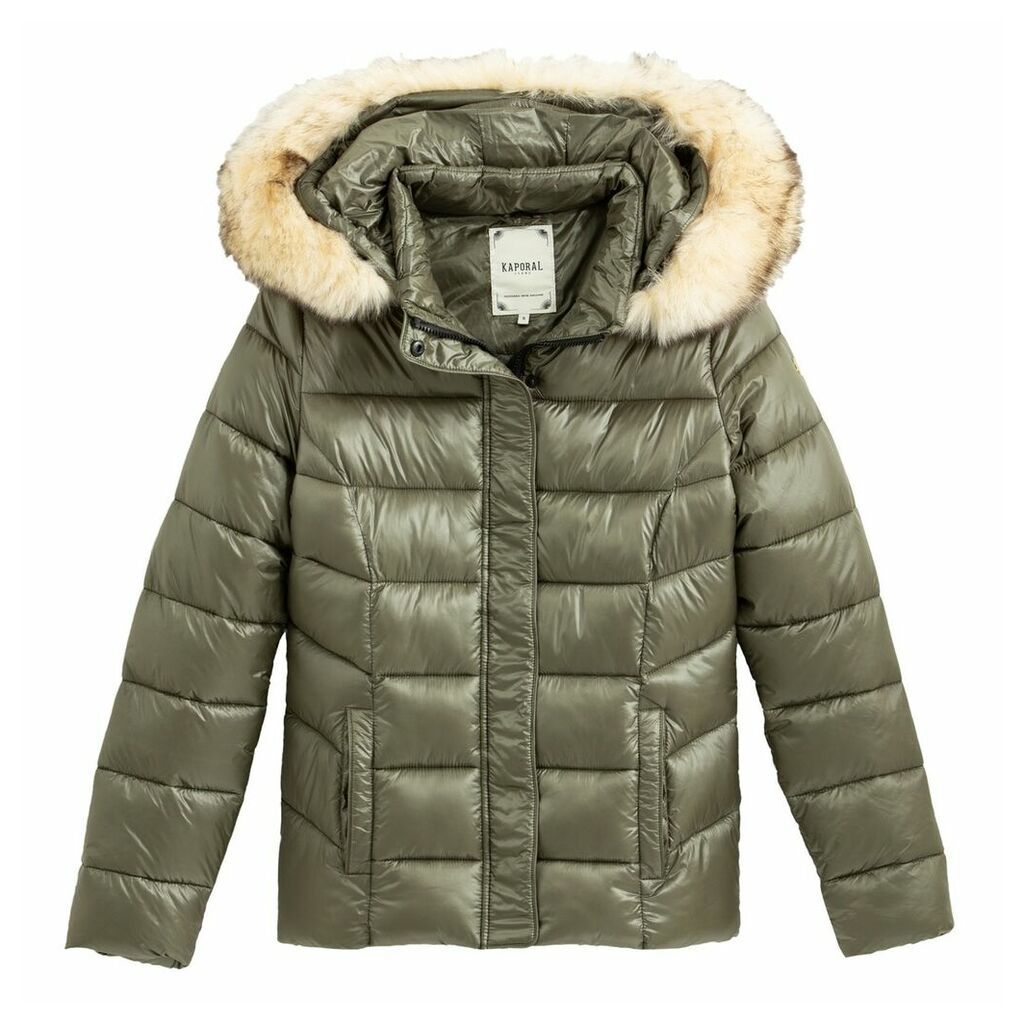 Short Padded Puffer Jacket with Faux Fur Hood