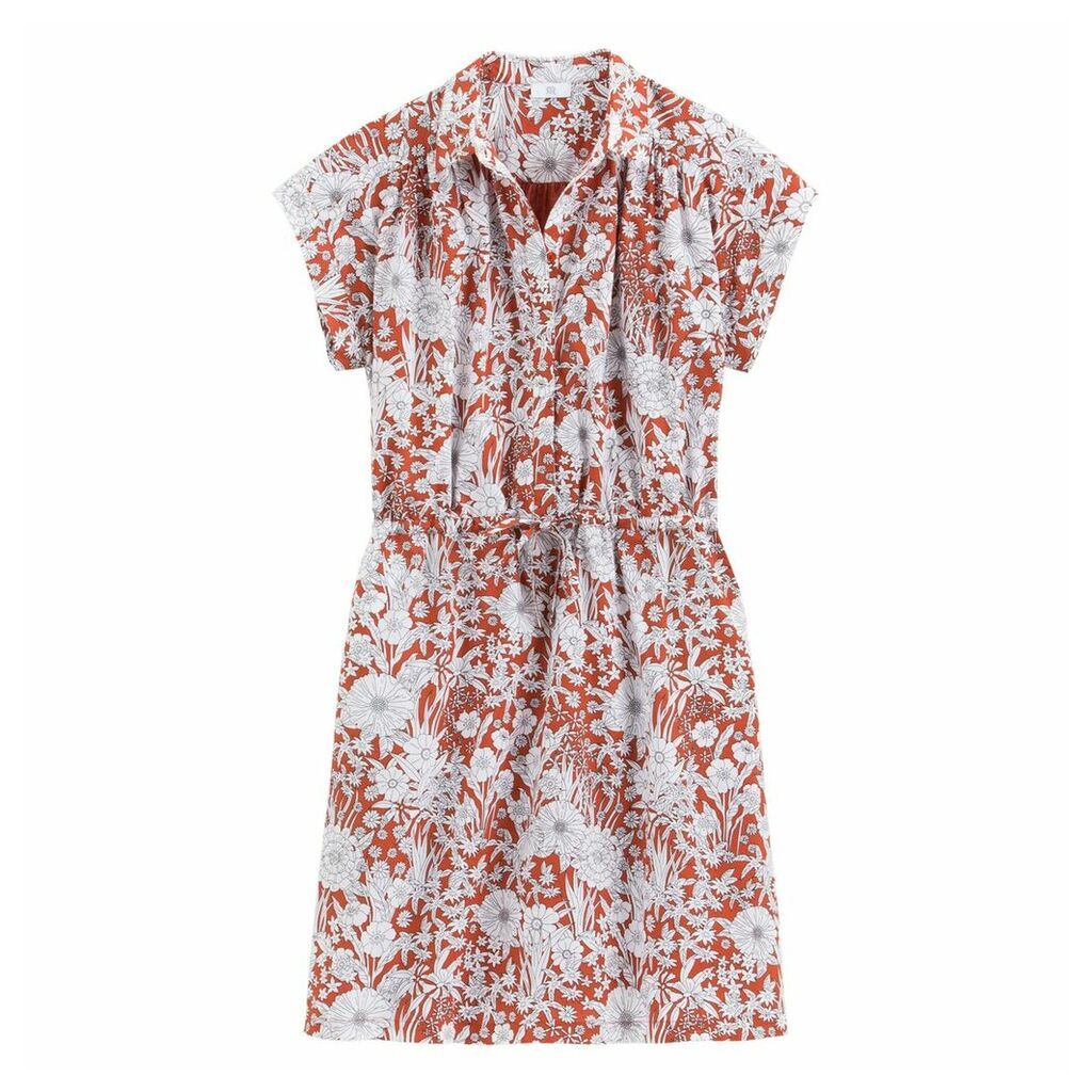Cotton Floral Print Tie-Waist Shirt Dress