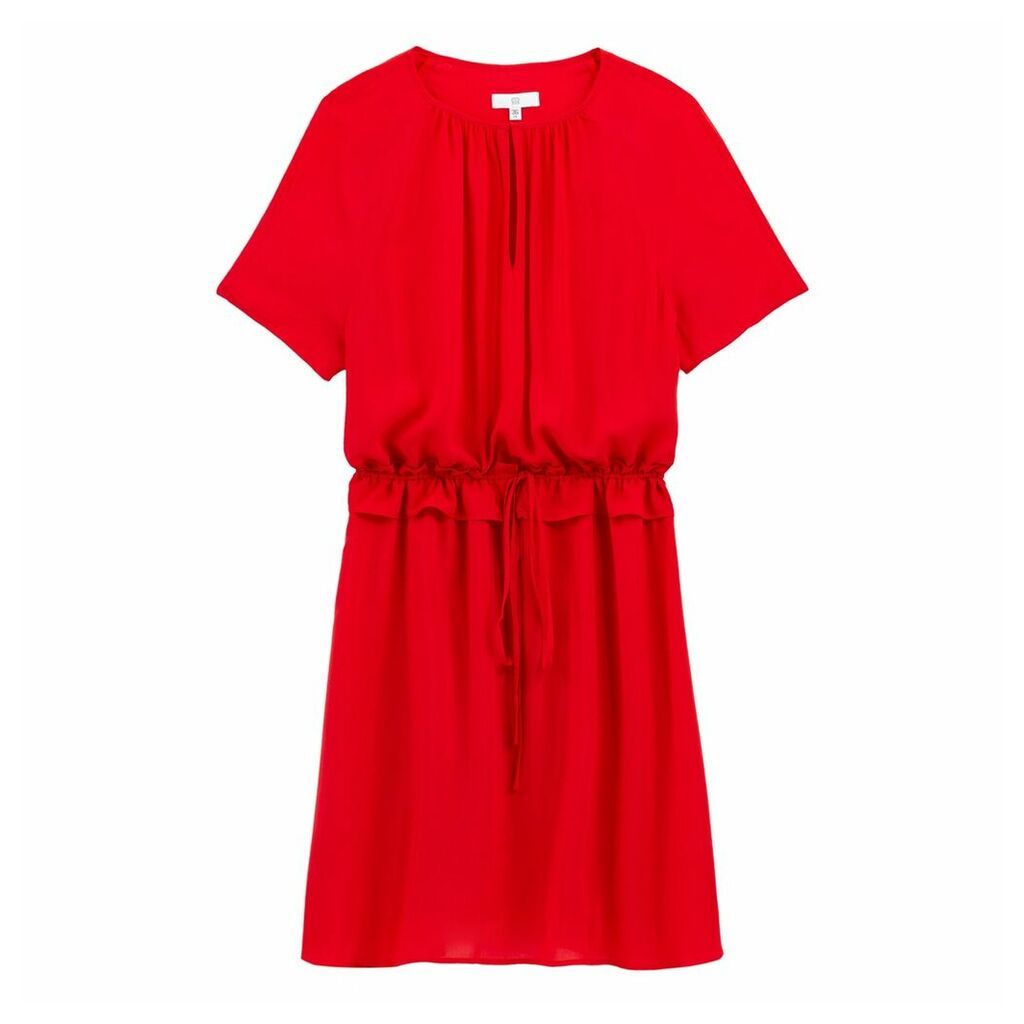 Short-Sleeved Shift Dress with Ruffled Waist and Round Neck