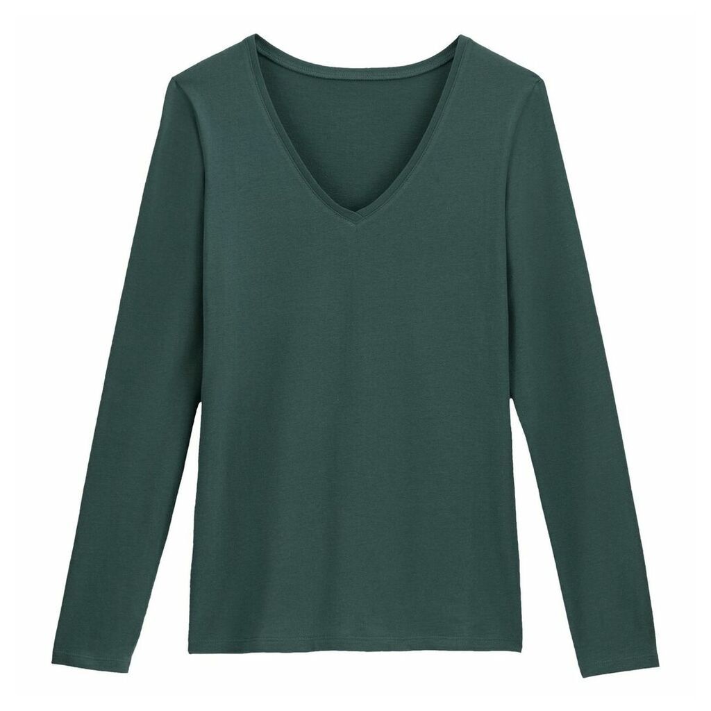 V-Neck Cotton T-Shirt with Long-Sleeves